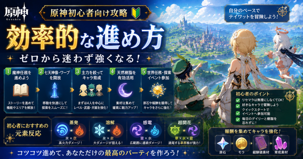 原神初心者向け攻略として魔神任務・ワープ解放・キャラクター育成・天然樹脂・元素反応など効率的な進め方を解説する見出し画像