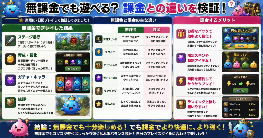 ピューピュースライムは無課金でも遊べる？課金との違いを実際に検証