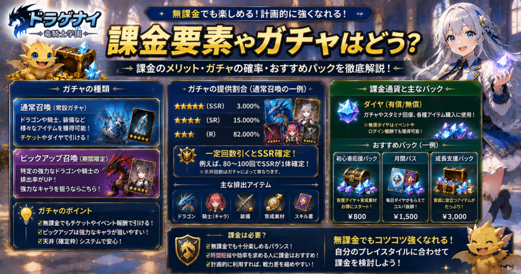 ドラゲナイ:竜騎士学園の課金要素やガチャを解説する画像|無課金でも楽しめるポイントやおすすめ課金パックを紹介