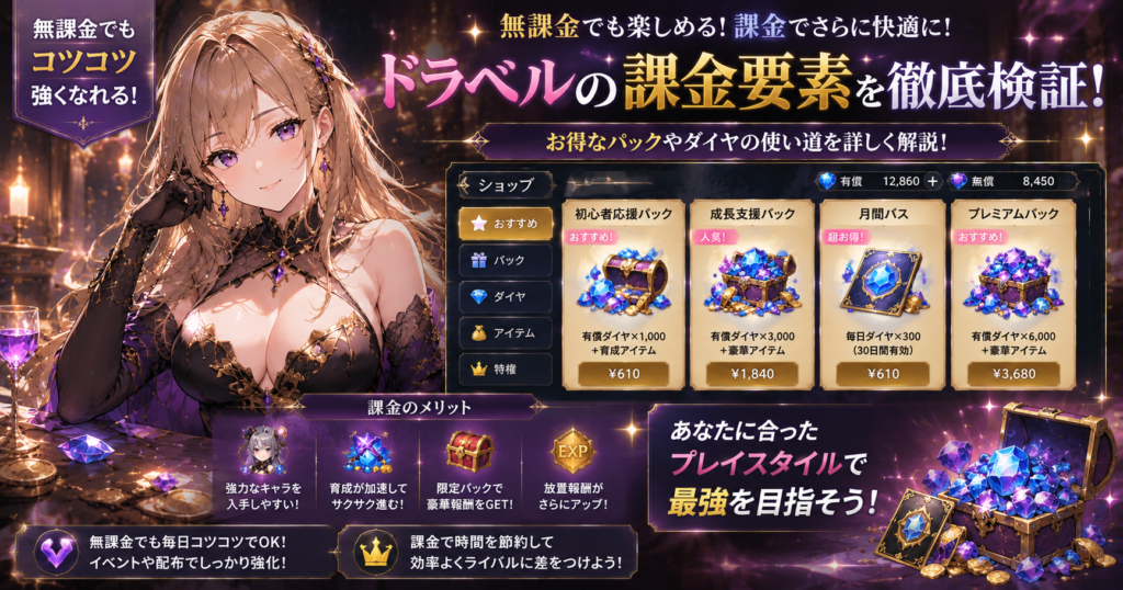ドラベルの無課金と課金の違い|ショップ画面や課金パックの内容を比較しているゲーム画面