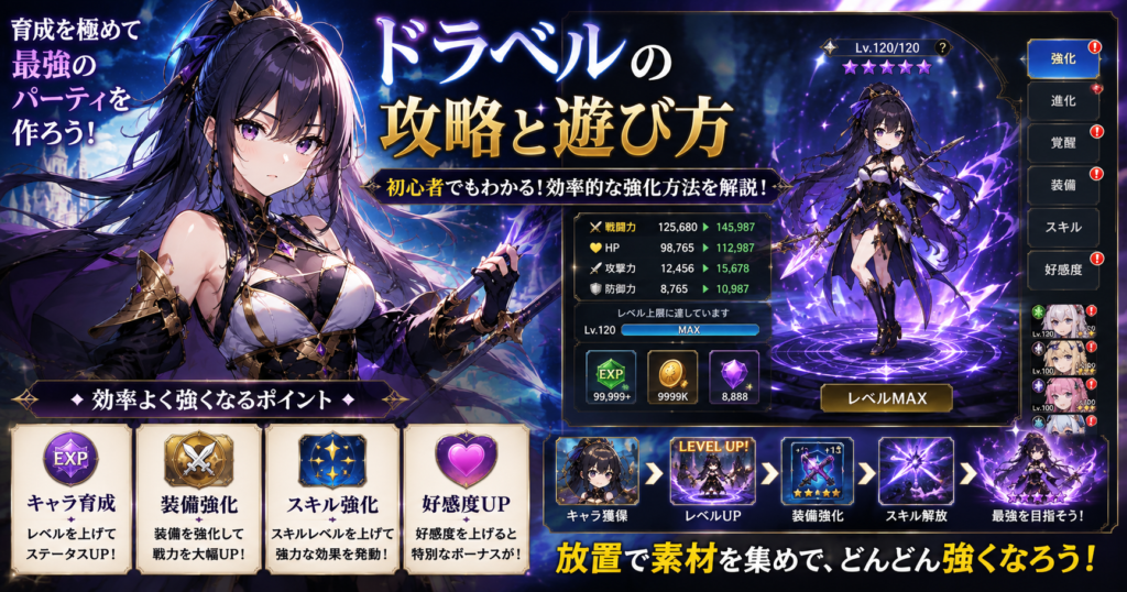 ドラベルの攻略と遊び方|効率的な育成方法や戦力アップのポイントがわかるゲーム画面