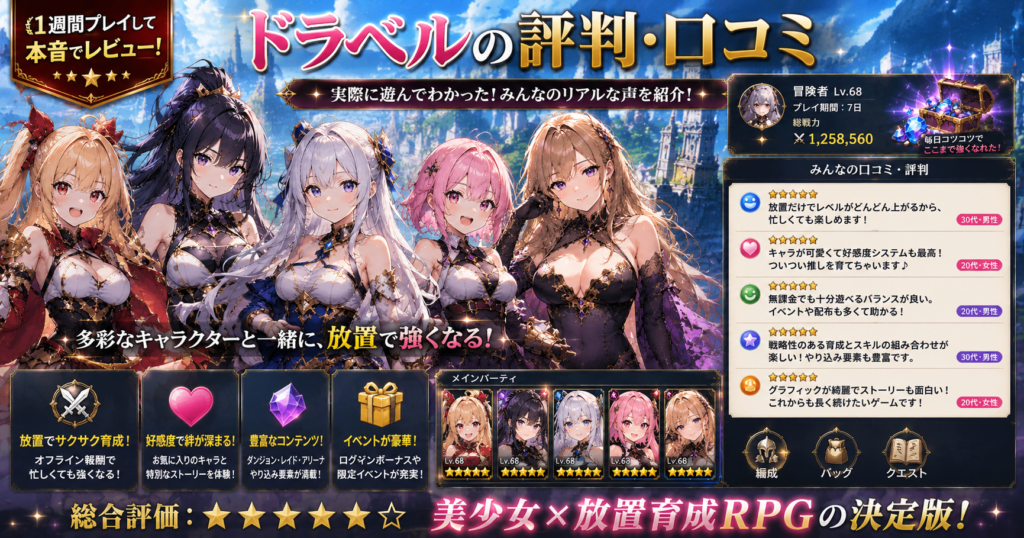 ドラベルを実際に1週間プレイした感想|ユーザー評価や口コミ、美少女キャラクターが集結したゲーム画面