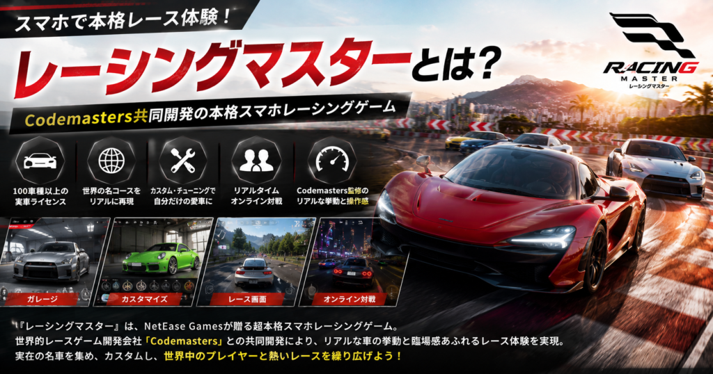 レーシングマスターとはどんなゲームなのかを紹介するゲーム概要イメージ