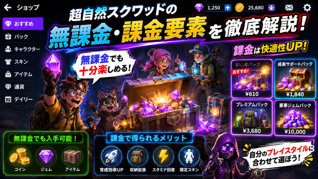 超自然スクワッドの無課金と課金の違い|ショップ画面で課金パックや特典を確認する様子