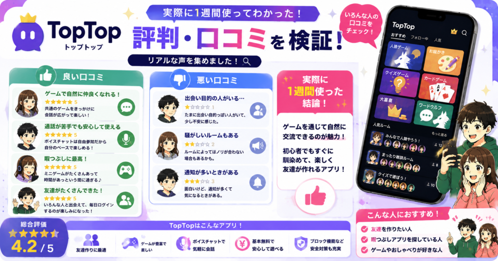 TopTopの良い口コミと悪い口コミを比較|実際に利用して感じた評価や感想をまとめたレビュー画像