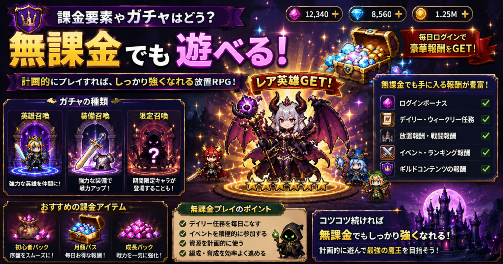 ドット伝説の課金要素やガチャ、無課金プレイについて紹介する画像