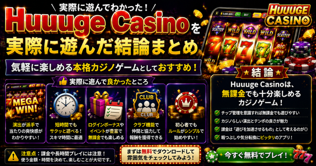 Huuuge Casinoを実際に遊んでわかった結論やおすすめできる人、注意点をまとめた見出し画像
