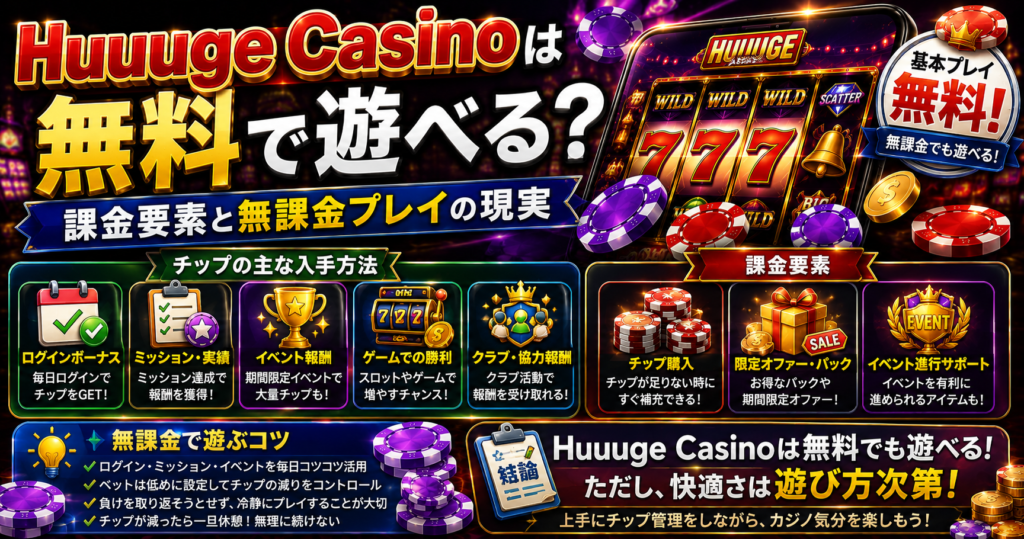 Huuuge Casinoは無料で遊べるのか、課金要素や無課金プレイの現実を解説した見出し画像