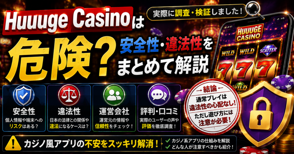 Huuuge Casinoの危険性や安全性、違法性について実際に調査・検証した内容をまとめた見出し画像