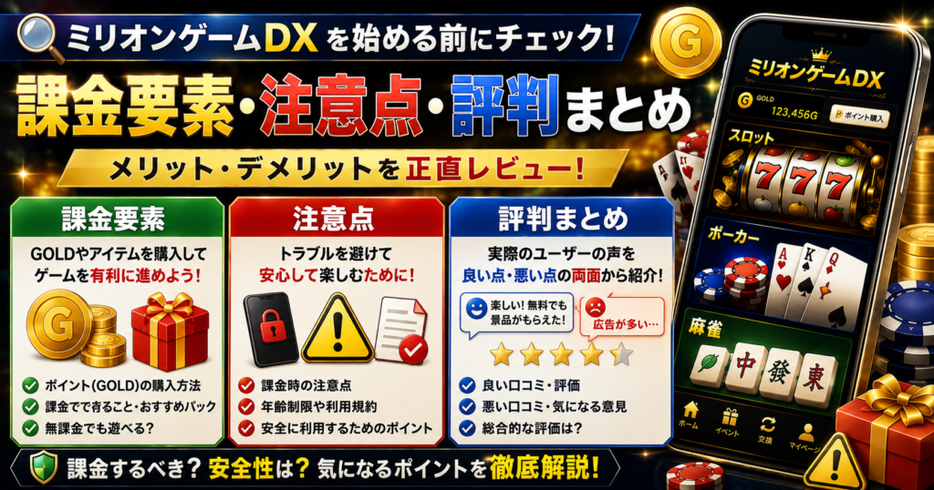 ミリオンゲームDXの課金要素や注意点、評判をまとめたH2見出し画像