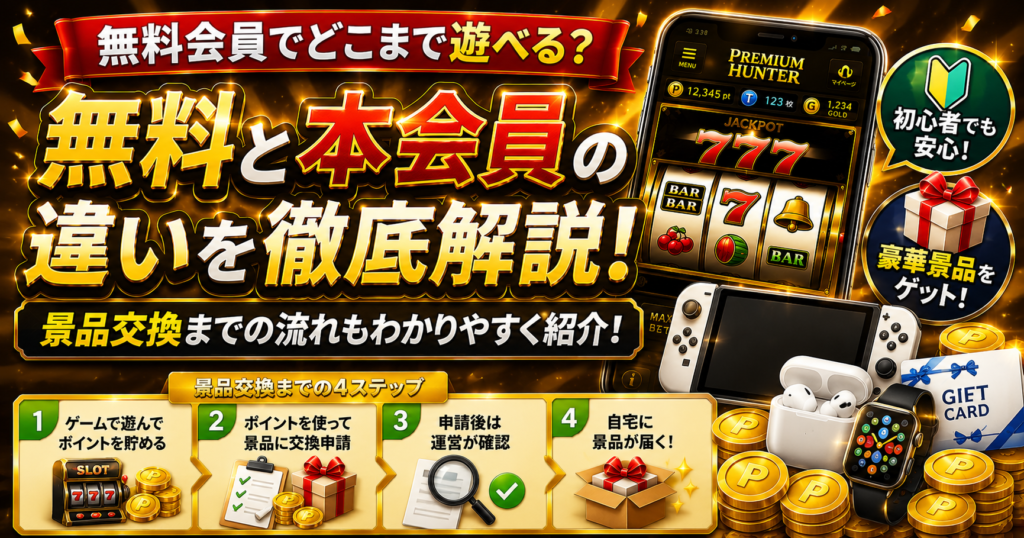 プレミアムハンターの無料会員と本会員の違い、景品交換までの流れを解説するH2見出し画像