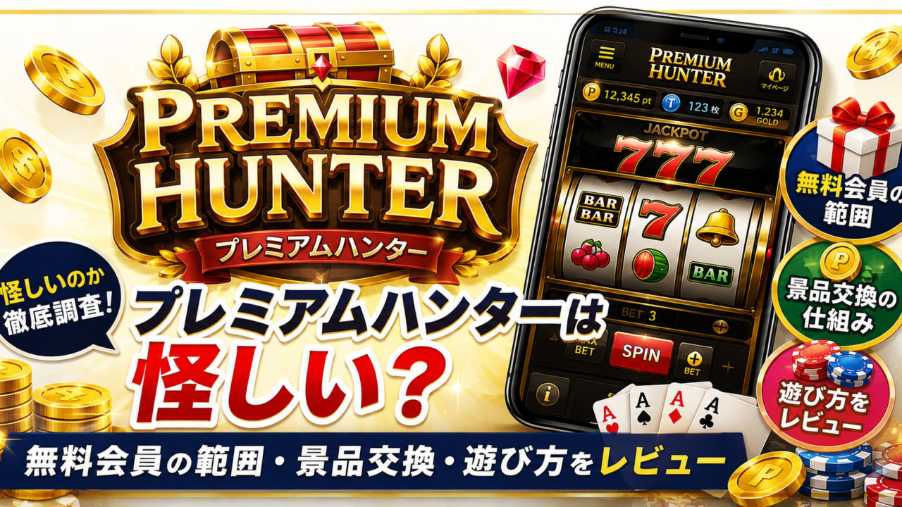 プレミアムハンターの無料会員の範囲・景品交換・遊び方をレビューする記事のアイキャッチ画像