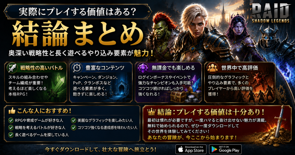Raid Shadow Legendsを実際にプレイする価値と結論をまとめたH2見出し画像