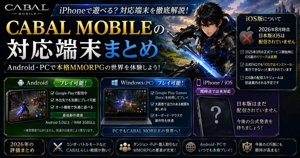 CABAL MobileはiPhoneで遊べる?Android・PC対応と2026年の評価まとめ