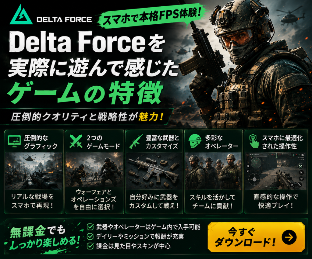 Delta Forceをスマホで無料ダウンロードできる本格FPS紹介バナー