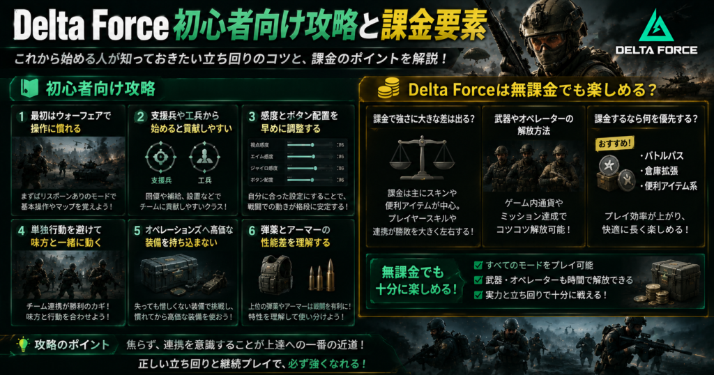 Delta Forceの初心者向け攻略と無課金で遊ぶポイント・課金要素を解説する画像