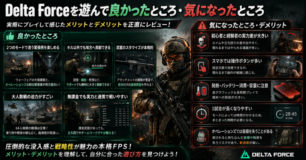 Delta Forceを実際に遊んで良かったところと気になったところを比較した画像