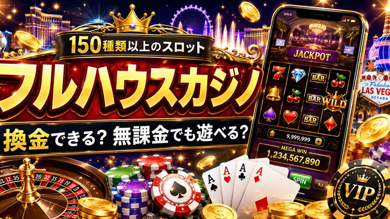 【フルハウスカジノ】換金できる？150種類以上のスロット・テーブルゲームと無課金で遊ぶコツを徹底解説