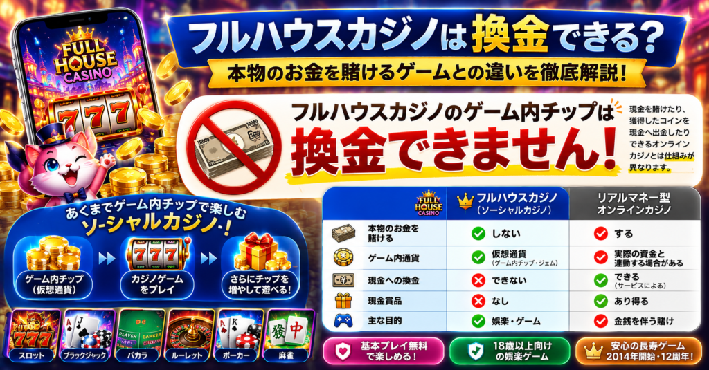 フルハウスカジノは換金できる?本物のお金を賭けるゲームとの違い