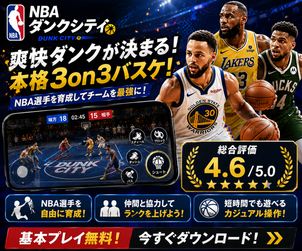 NBAダンクシティの基本プレイ無料を紹介する300×250バナー画像