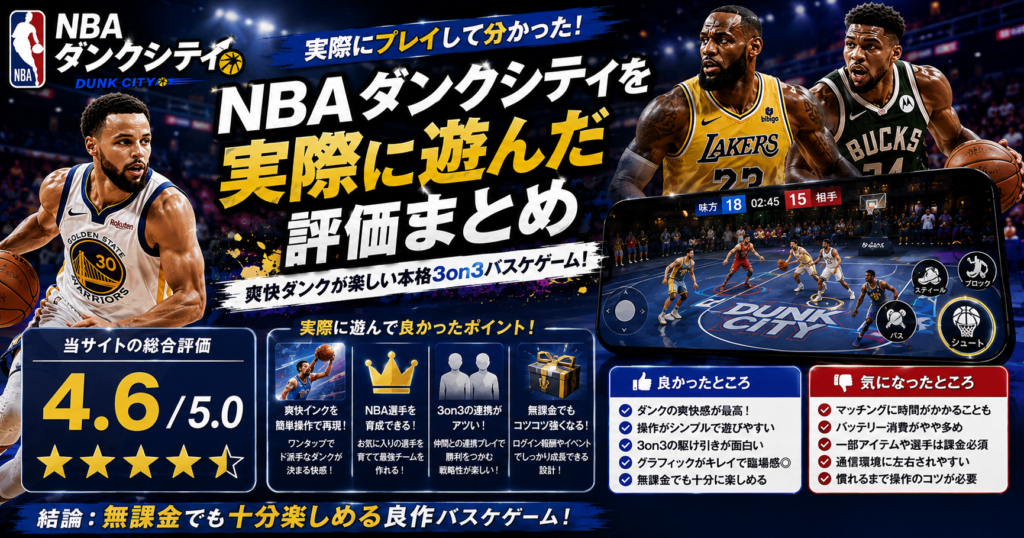 NBAダンクシティを実際に遊んだ評価まとめを紹介する見出し画像
