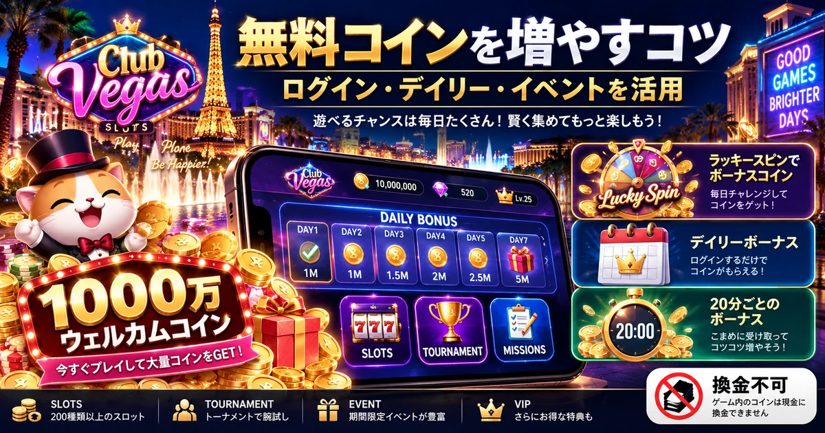 Club Vegasの無料コイン、デイリーボーナス、Lucky Spinを紹介する見出し画像