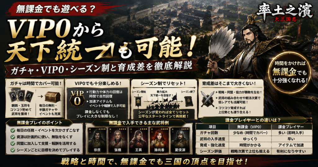 無課金でも遊べる?ガチャ・VIP0・シーズン制と育成差を確認