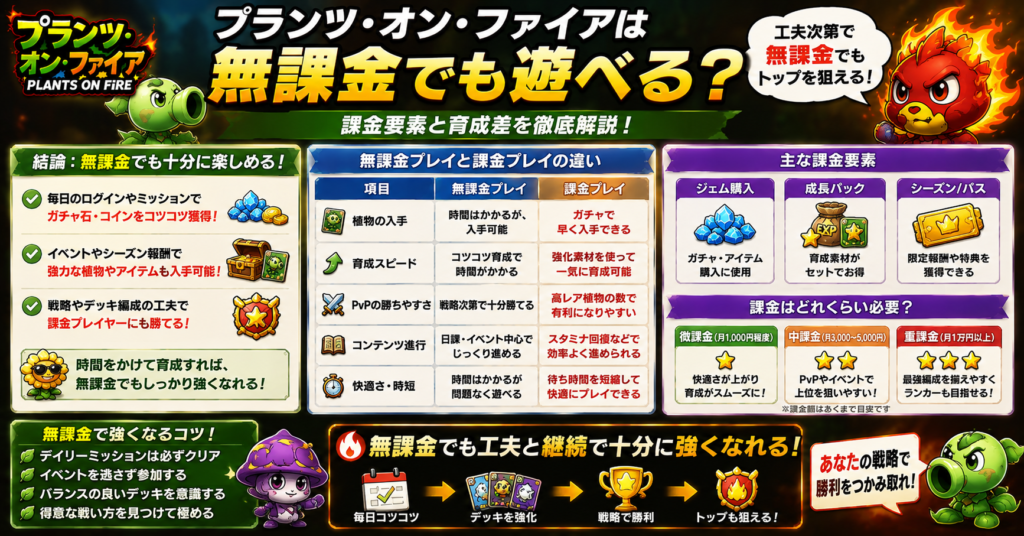 プランツ・オン・ファイアは無課金でも遊べる？課金要素と育成差を確認