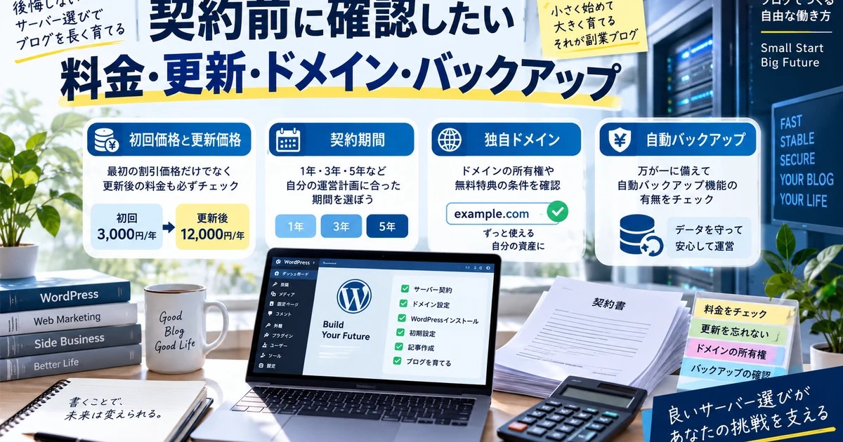 レンタルサーバー契約前に確認する料金・更新・ドメイン・バックアップ