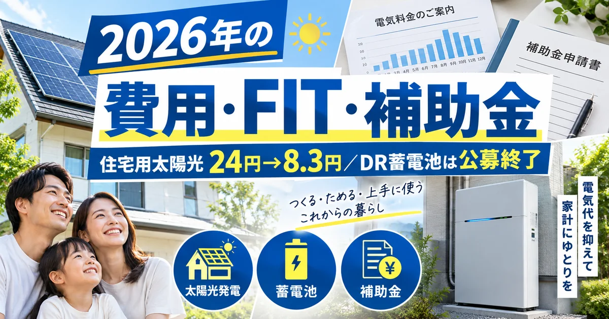 2026年の費用・FIT・補助金|住宅用太陽光24円→8.3円・DR蓄電池は公募終了
