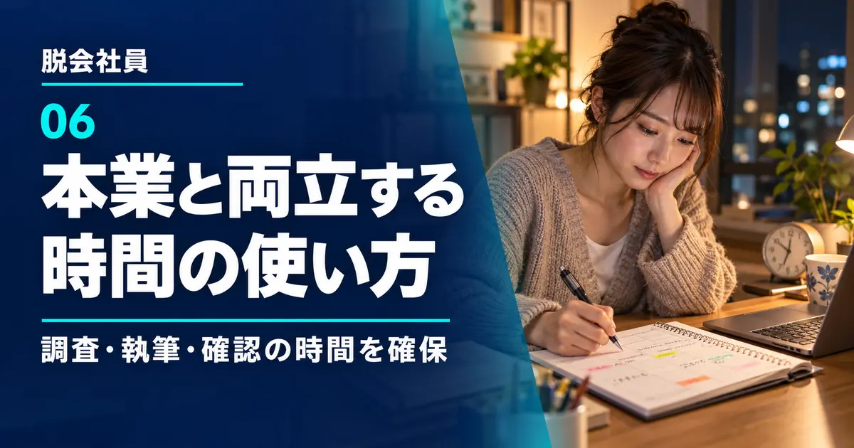 会社員が本業の予定を確認し、テストライティングの調査・執筆・確認・連絡に使う時間を確保する