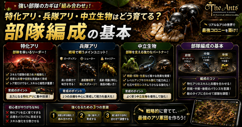 特化アリ・兵隊アリ・中立生物はどう育てる?部隊編成の基本