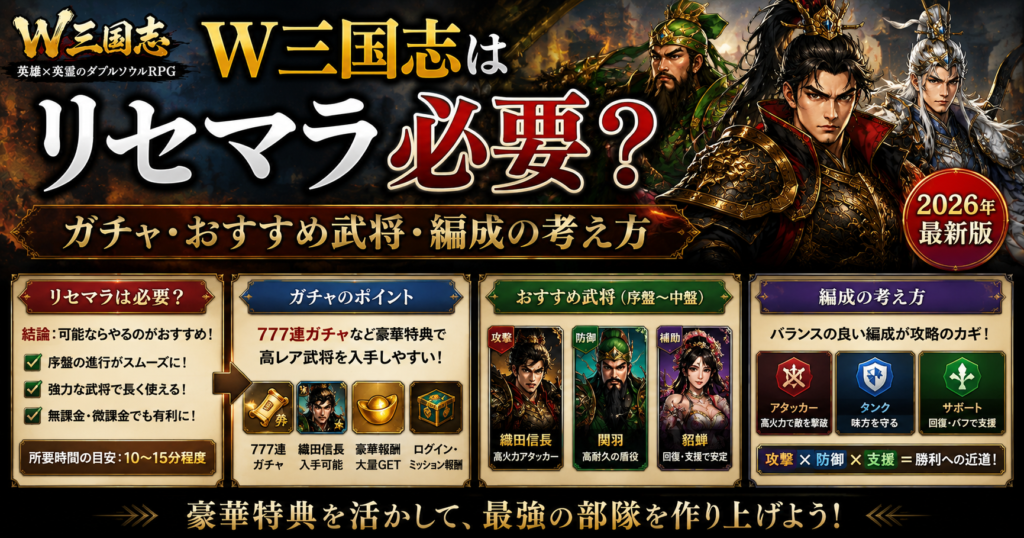 W三国志はリセマラ必要?ガチャ・おすすめ武将・編成の考え方