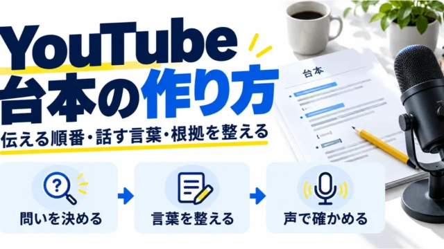 YouTube台本の作り方として、問いを決め、言葉を整え、声で確かめる三つの工程を示す