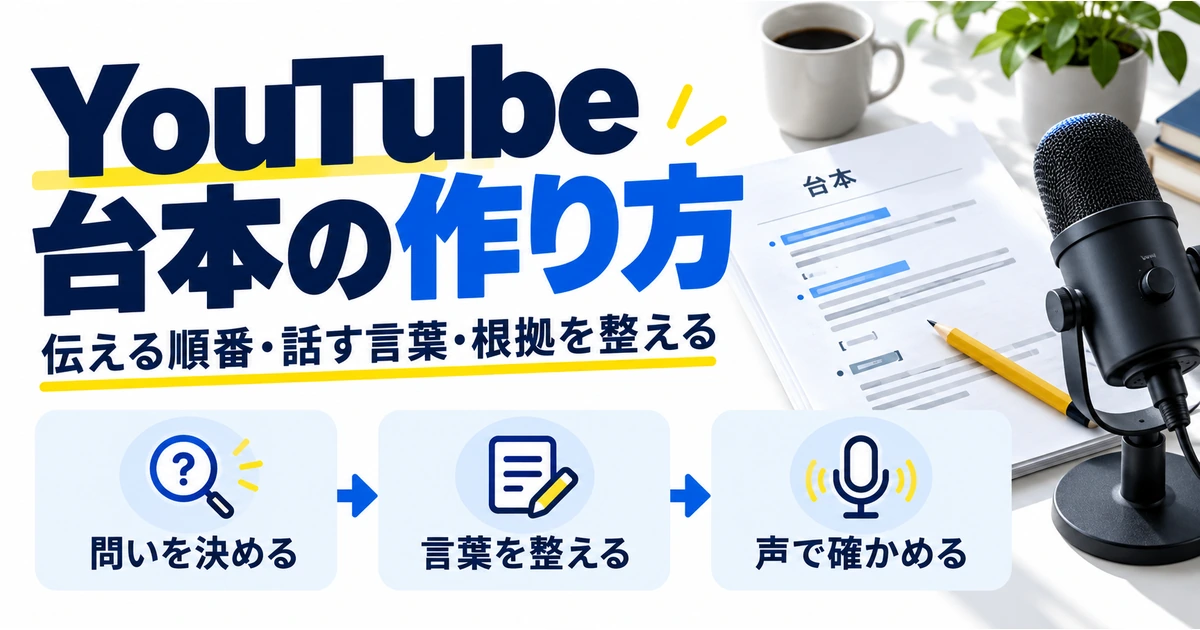 YouTube台本の作り方として、問いを決め、言葉を整え、声で確かめる三つの工程を示す