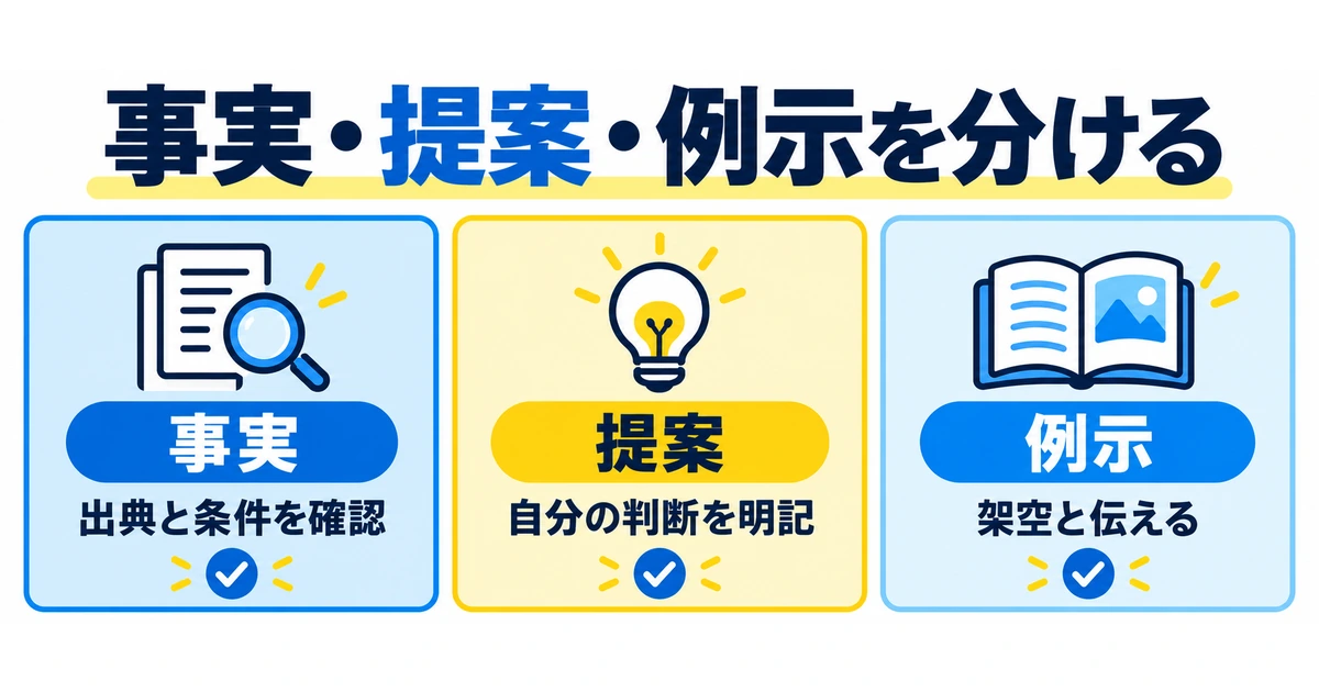 台本の文を事実・提案・例示に分け、出典や条件、判断、架空であることを確認する図