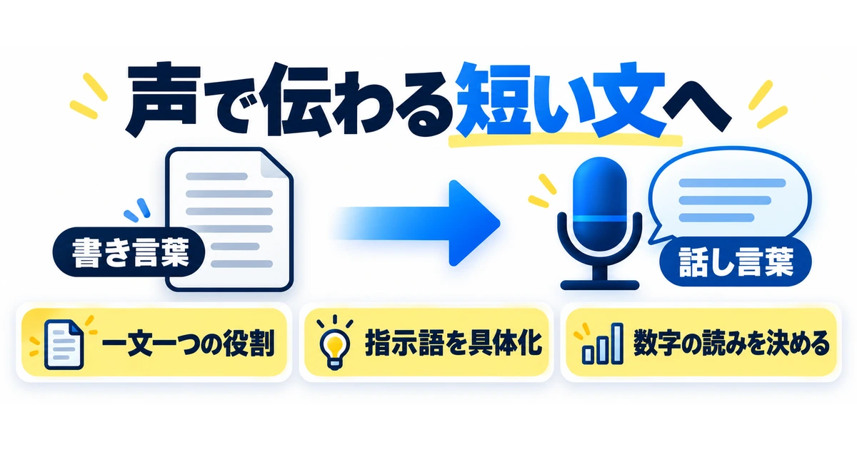 書き言葉を話し言葉へ変え、一文の役割、指示語、数字の読みを整える図