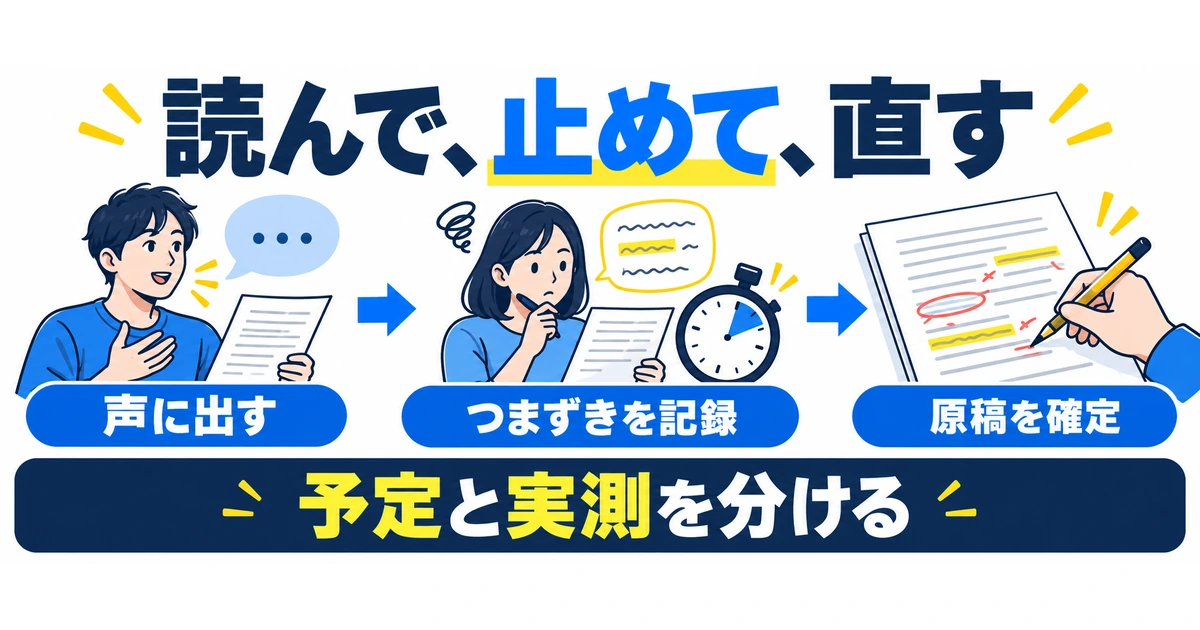 声に出して読む、つまずきを記録する、原稿を確定する流れと予定・実測の区別