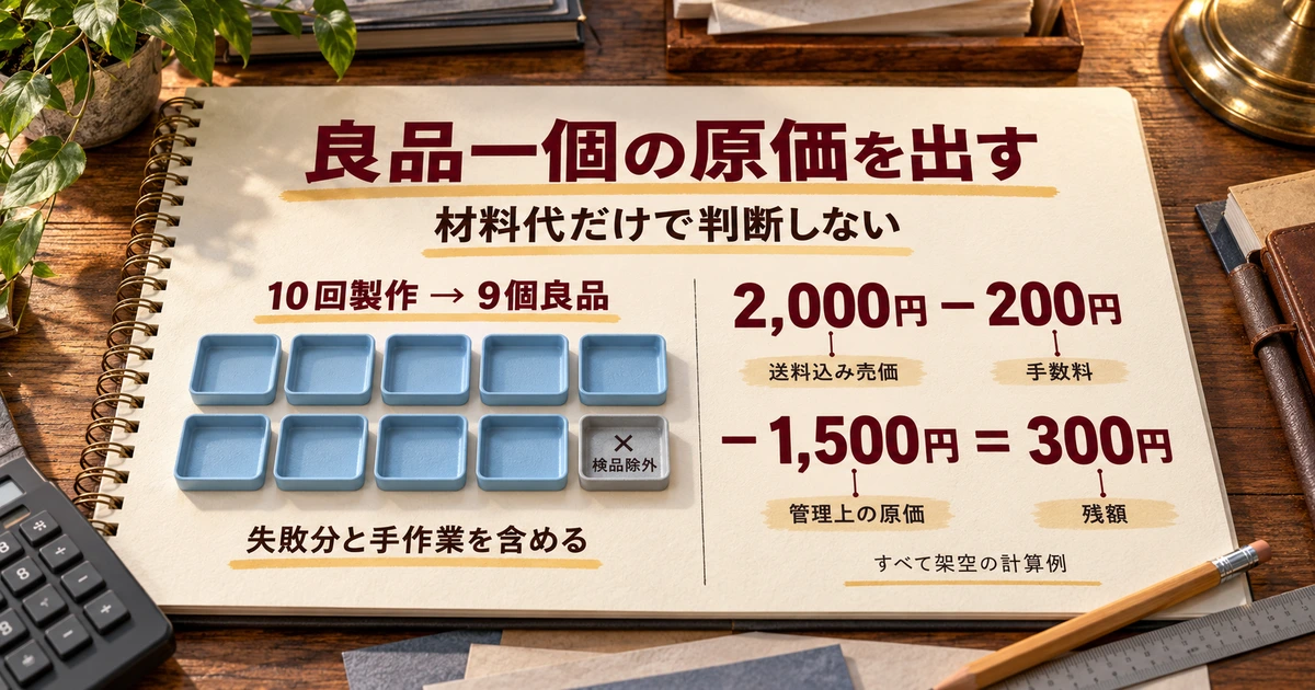 架空例として10回製作で9個良品、原価1500円と販売時の残額300円を示す