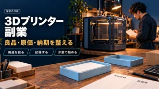 卓上メモカードトレーと試作記録、原価表、発送箱で3Dプリンター副業の準備を示す