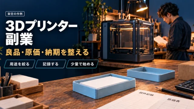 卓上メモカードトレーと試作記録、原価表、発送箱で3Dプリンター副業の準備を示す
