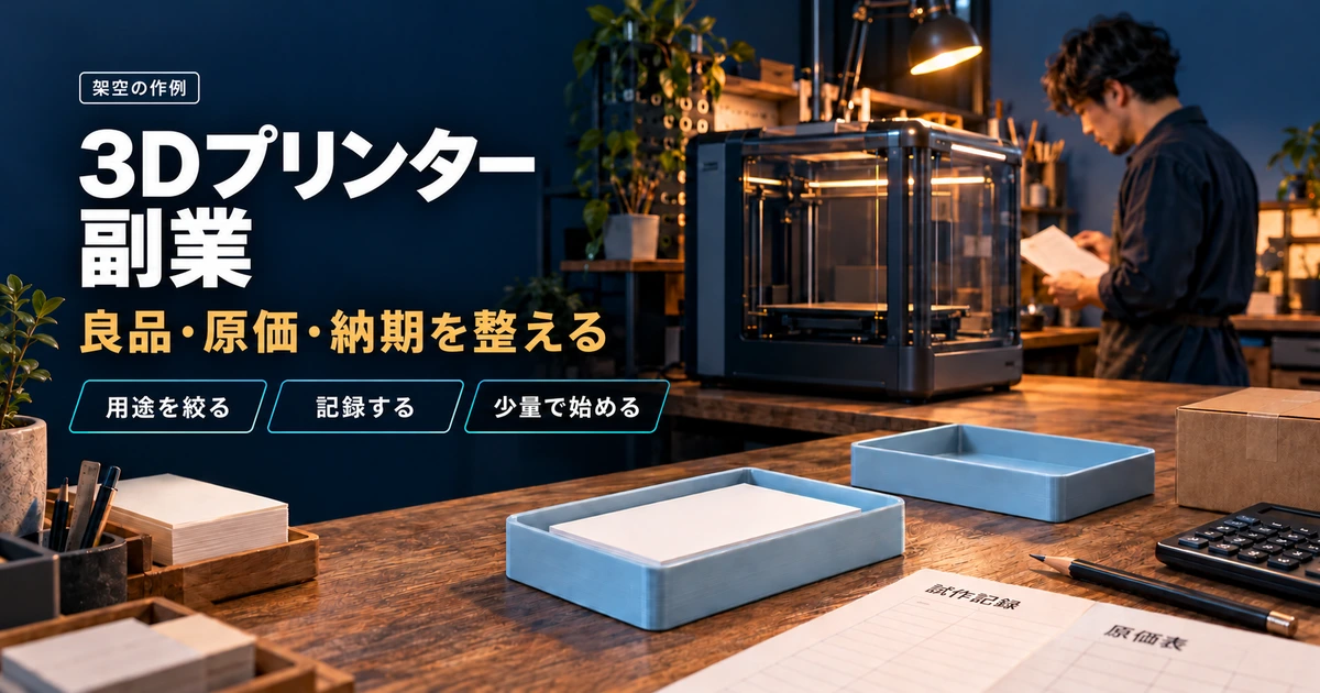 卓上メモカードトレーと試作記録、原価表、発送箱で3Dプリンター副業の準備を示す