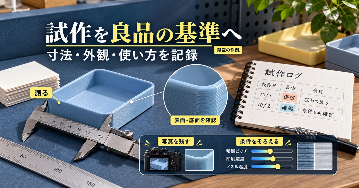 同じメモカードトレーの寸法、表面、底面を確認し、良否と製作条件を記録する