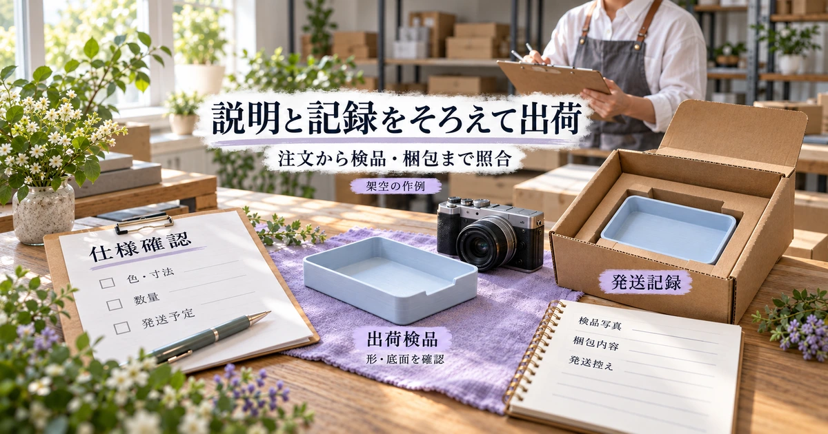 注文仕様、検品済みメモカードトレー、梱包と発送記録を照合する作業の流れ