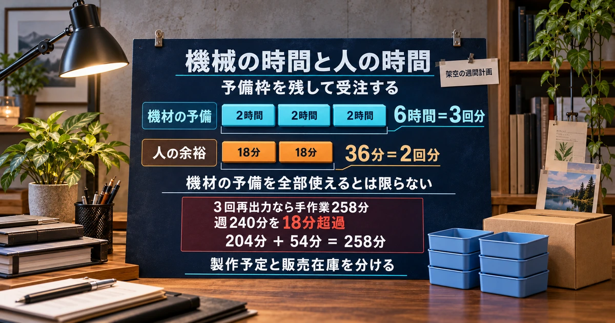 機材の再出力予備は3回分、人の余裕は2回分で、両方の残枠から受注と補充を判断する週間計画