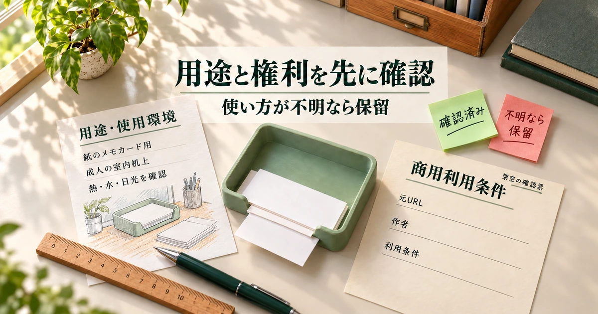 成人の机上で使うメモカードトレーについて、使用環境と設計データの商用権利を確認する