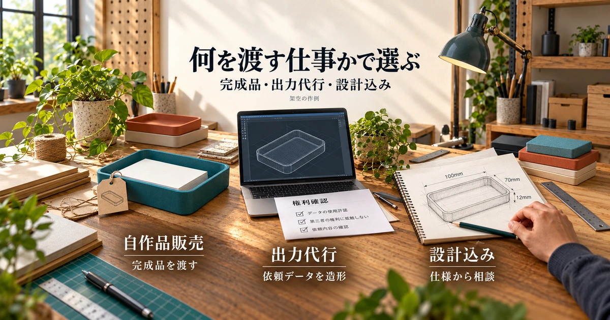 自作品販売、依頼データの出力代行、設計込み受託で納品物と確認内容が異なることを比較する