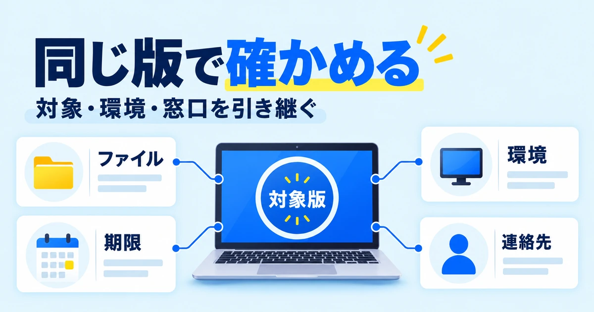 対象版を中心にファイル、環境、期限、連絡先を対応させる図