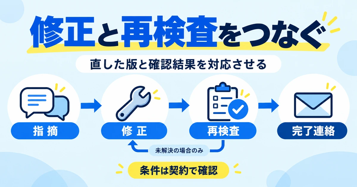 指摘、修正、再検査、完了連絡をつなぎ、条件を契約で確認する図