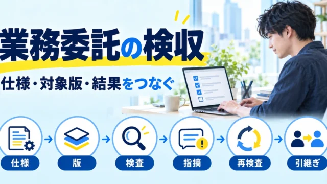 業務委託の検収で仕様、対象版、検査、指摘、再検査、引継ぎを順に確認する図